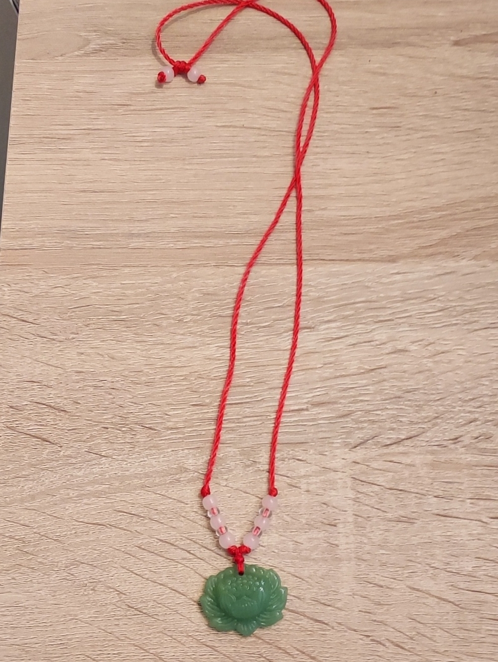 Green Jade Flower Pendant Necklace - Red Cord